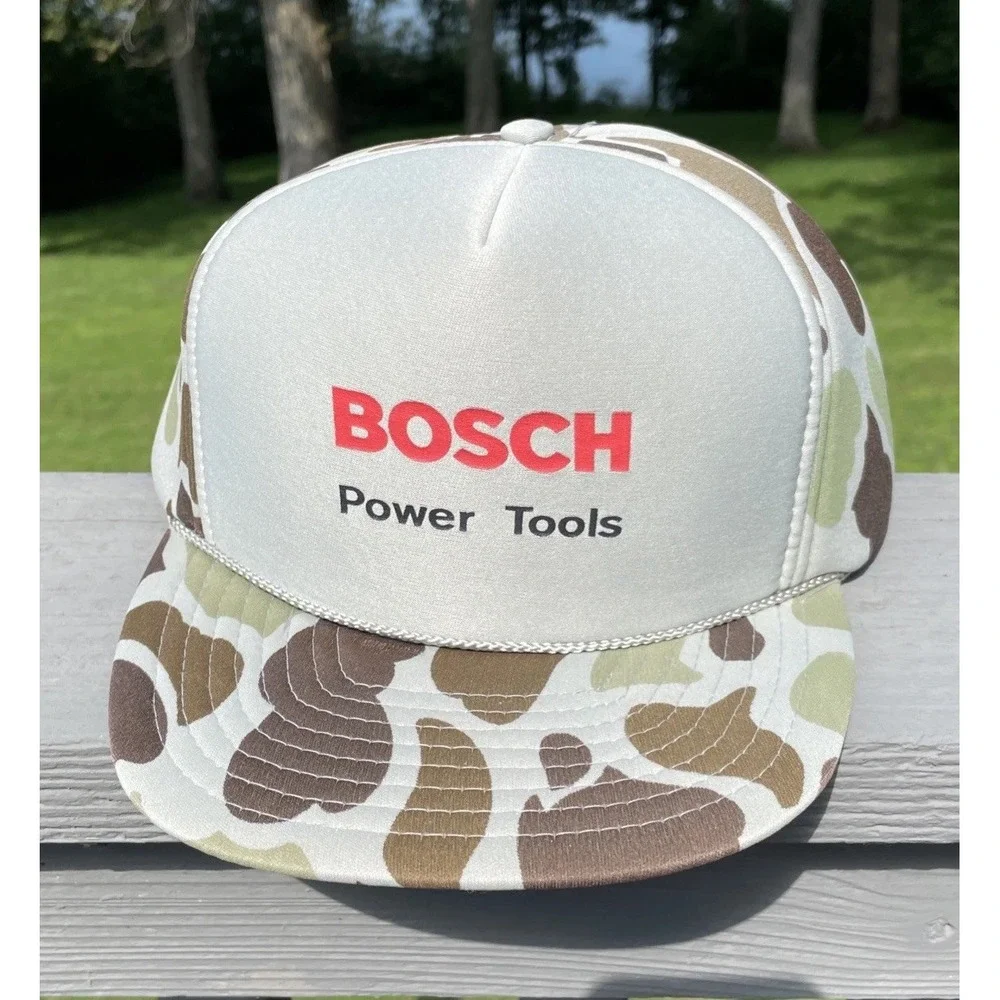 Vintage Nissin Rope Brim‎ Snap Back Trucker Hat Camo Bosch Power Tools